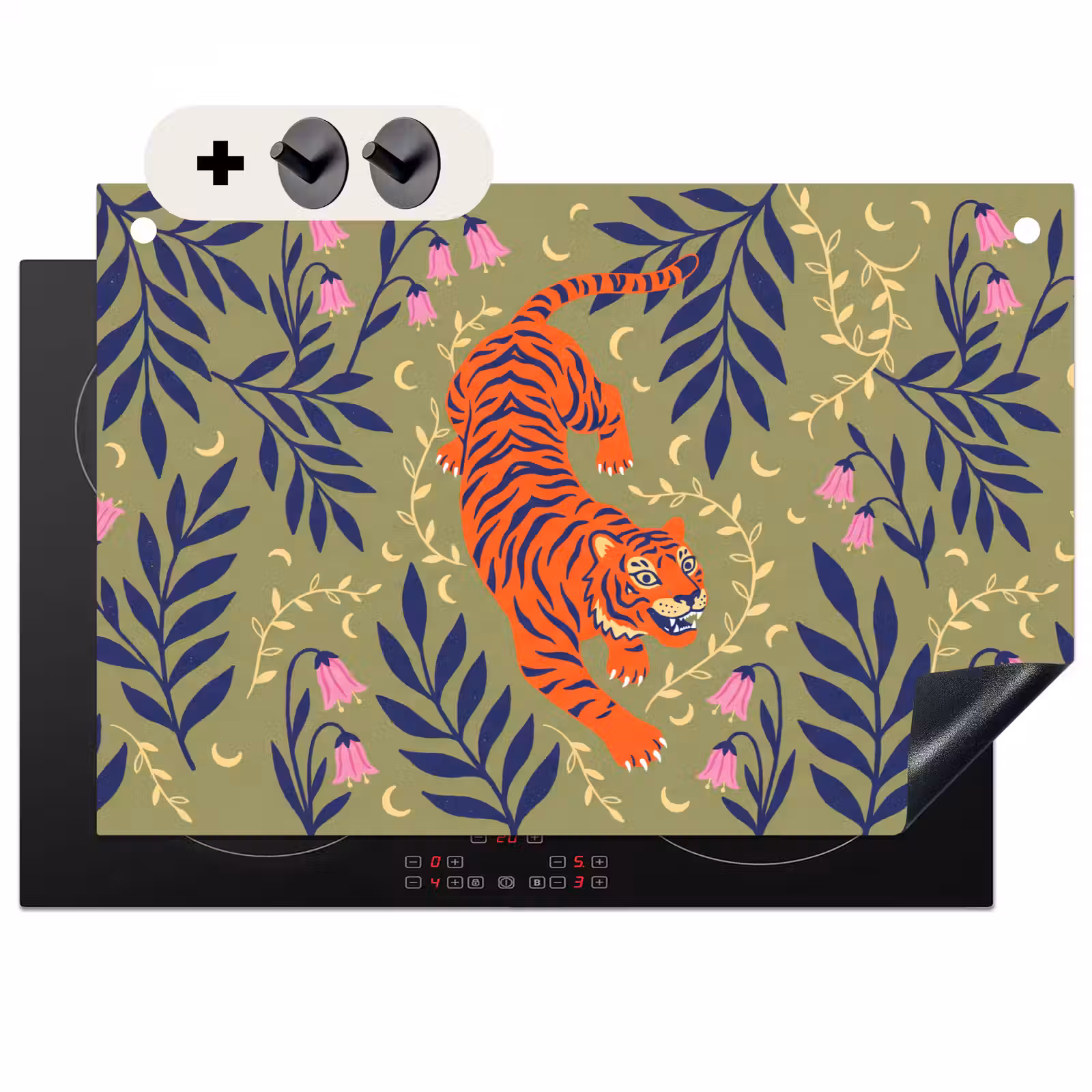 Inductiebeschermer & spatscherm (2in1) - Tijger - Bladeren - Dieren - Illustratie - Oranje — 1