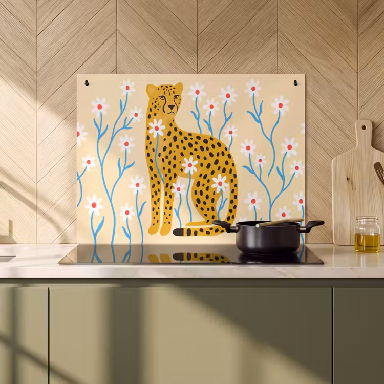 Inductiebeschermer & spatscherm (2in1) - Dieren - Jachtluipaard - Bloemen - Modern - Geel — 2