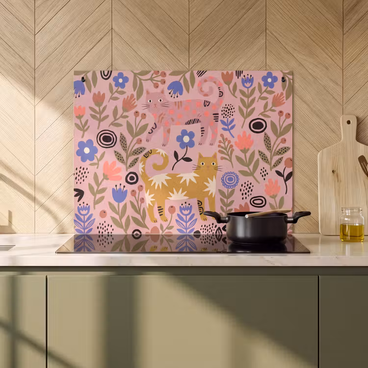 Inductiebeschermer & spatscherm (2in1) - Kat - Bloemen - Dieren - Modern - Roze — 2