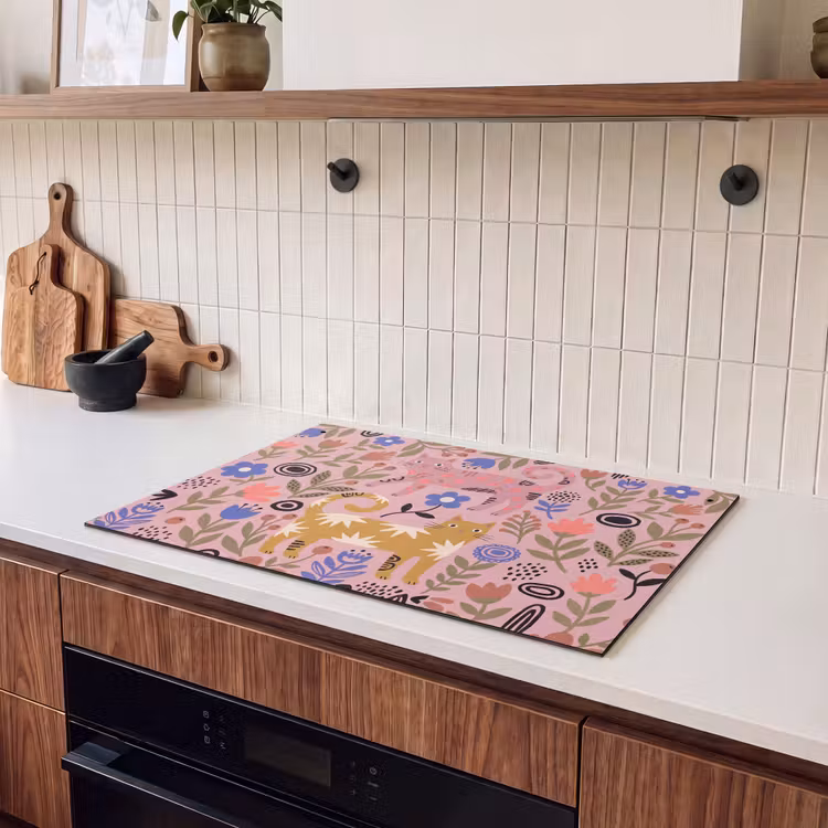 Inductiebeschermer & spatscherm (2in1) - Kat - Bloemen - Dieren - Modern - Roze — 3