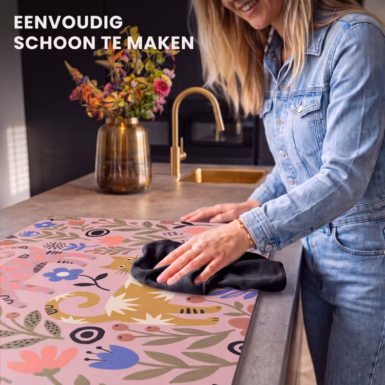 Inductiebeschermer & spatscherm (2in1) - Kat - Bloemen - Dieren - Modern - Roze — 5
