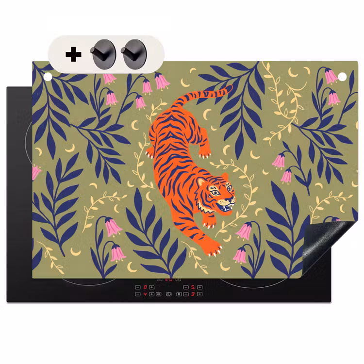 Inductiebeschermer & spatscherm (2in1) - Tijger - Bladeren - Dieren - Illustratie - Oranje — 1