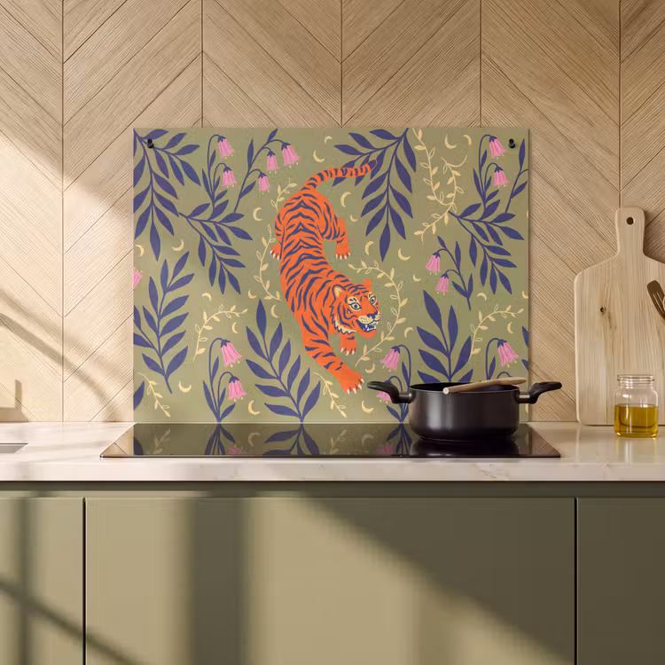 Inductiebeschermer & spatscherm (2in1) - Tijger - Bladeren - Dieren - Illustratie - Oranje — 2