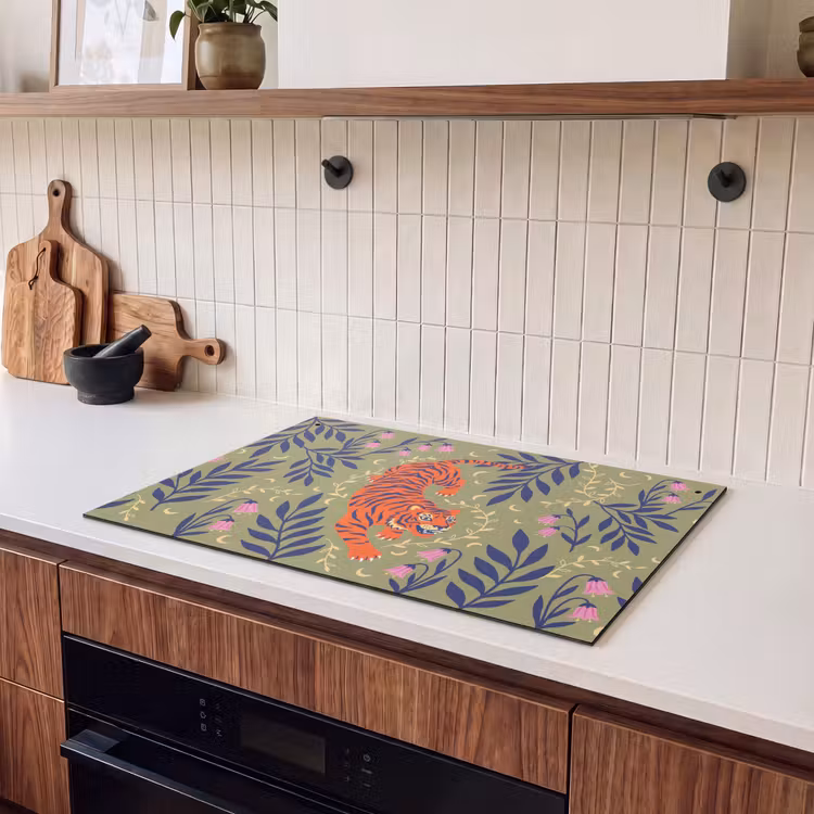 Inductiebeschermer & spatscherm (2in1) - Tijger - Bladeren - Dieren - Illustratie - Oranje — 3
