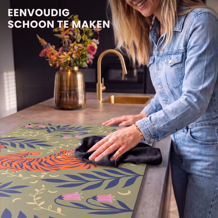 Inductiebeschermer & spatscherm (2in1) - Tijger - Bladeren - Dieren - Illustratie - Oranje — 5