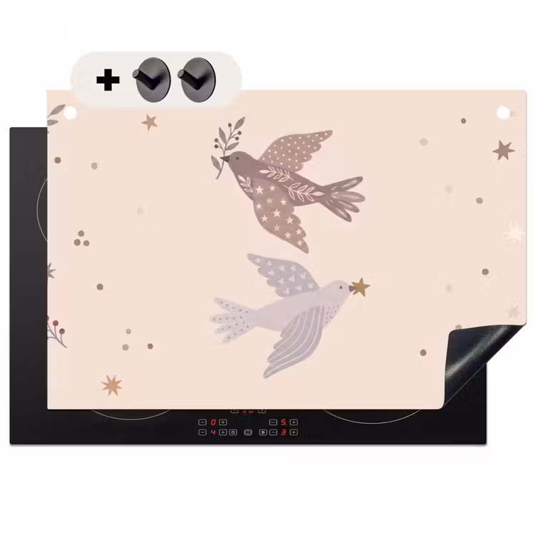 Inductiebeschermer & spatscherm (2in1) - Vogel - Bessen - Natuur - Modern - Beige — 1