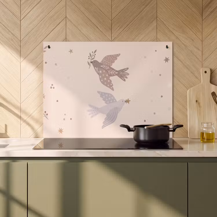 Inductiebeschermer & spatscherm (2in1) - Vogel - Bessen - Natuur - Modern - Beige — 2