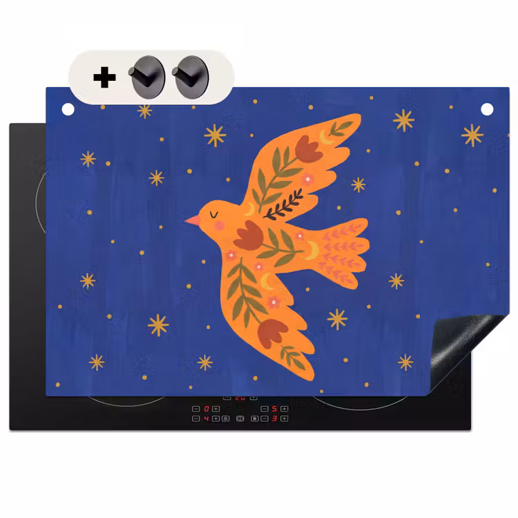Inductiebeschermer & spatscherm (2in1) - Vogel - Bloemen - Decoratief - Oranje - Blauw — 1