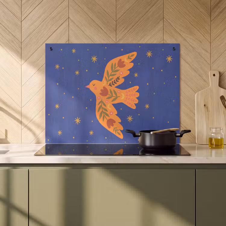 Inductiebeschermer & spatscherm (2in1) - Vogel - Bloemen - Decoratief - Oranje - Blauw — 2