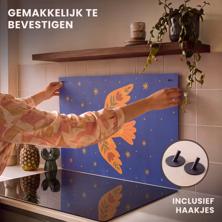 Inductiebeschermer & spatscherm (2in1) - Vogel - Bloemen - Decoratief - Oranje - Blauw — 7