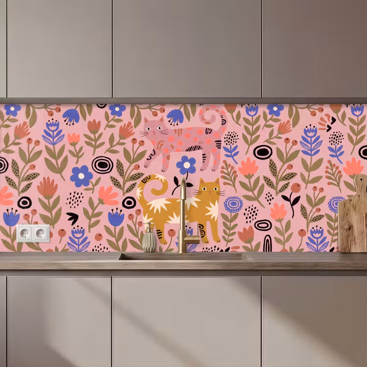 Keuken achterwand - Kat - Bloemen - Dieren - Modern - Roze — 1