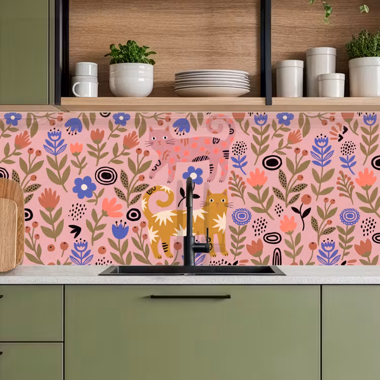 Keuken achterwand - Kat - Bloemen - Dieren - Modern - Roze — 8