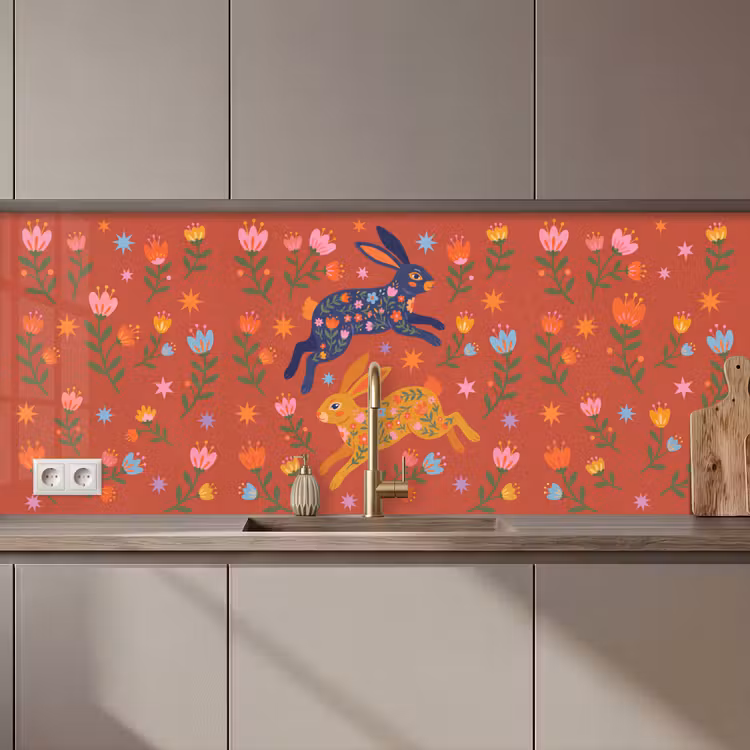 Keuken achterwand - Konijn - Bloemen - Folk Art - Kleurrijk - Dieren — 1