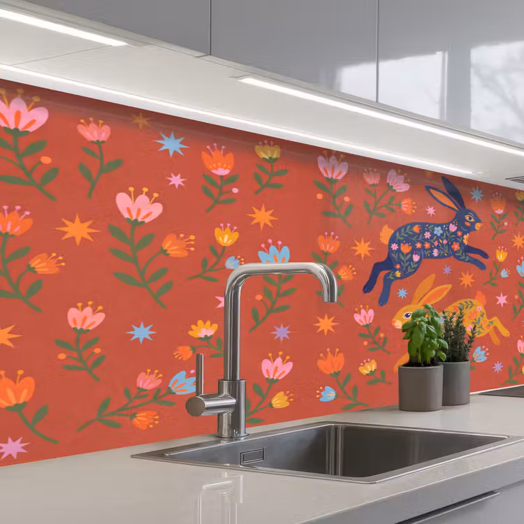 Keuken achterwand - Konijn - Bloemen - Folk Art - Kleurrijk - Dieren — 2