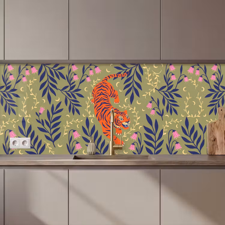 Keuken achterwand - Tijger - Bladeren - Dieren - Illustratie - Oranje — 1