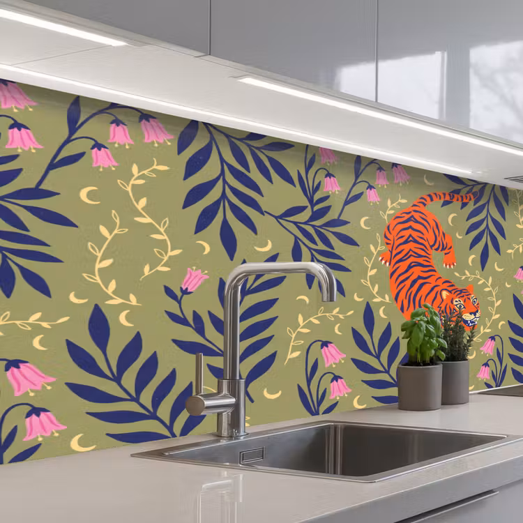 Keuken achterwand - Tijger - Bladeren - Dieren - Illustratie - Oranje — 2