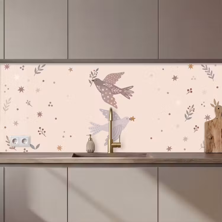 Keuken achterwand - Vogel - Bessen - Natuur - Modern - Beige — 1