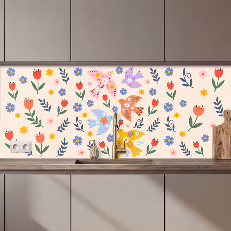 Keuken achterwand - Vogel - Bloemen - Folk - Kleurrijk - Dieren — 1