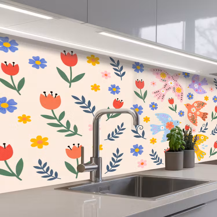 Keuken achterwand - Vogel - Bloemen - Folk - Kleurrijk - Dieren — 2
