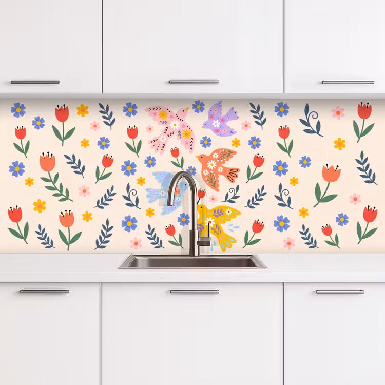 Keuken achterwand - Vogel - Bloemen - Folk - Kleurrijk - Dieren — 4