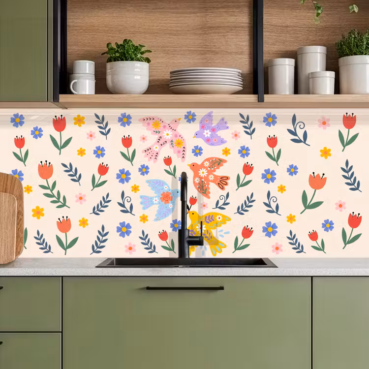 Keuken achterwand - Vogel - Bloemen - Folk - Kleurrijk - Dieren — 8