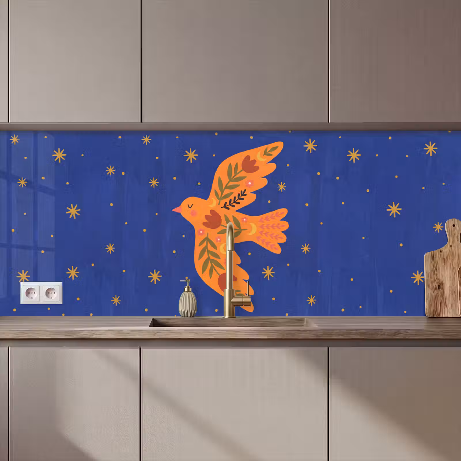 Keuken achterwand - Vogel - Bloemen - Decoratief - Oranje - Blauw — 1