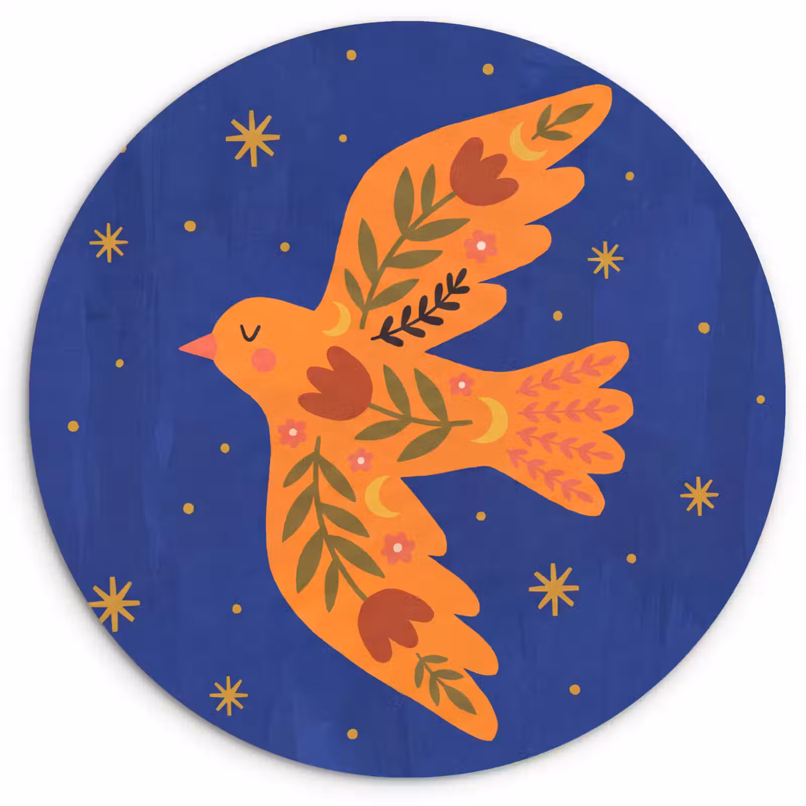 Muurcirkel - Vogel - Bloemen - Decoratief - Oranje - Blauw — 1