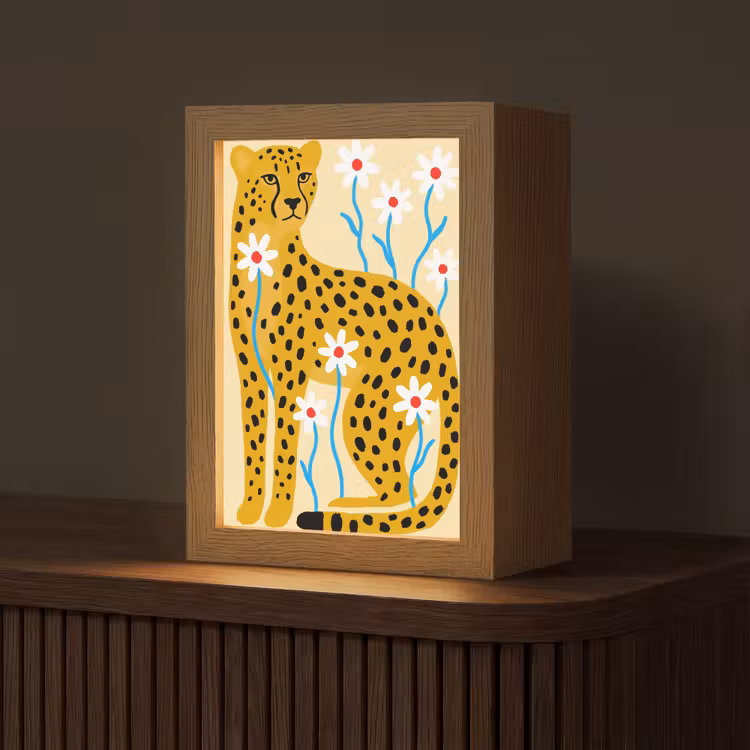 Gepersonaliseerd Lightbox - Dieren - Jachtluipaard - Bloemen - Modern - Geel — 1