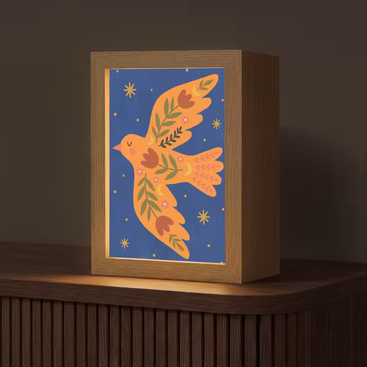Gepersonaliseerd Lightbox - Vogel - Bloemen - Decoratief - Oranje - Blauw — 1