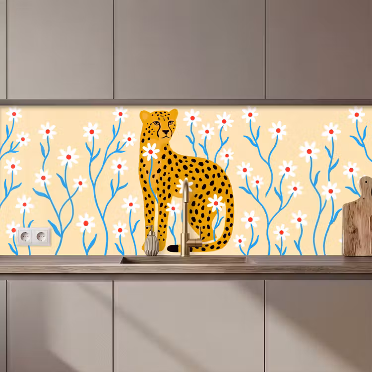 Keuken achterwand - Dieren - Jachtluipaard - Bloemen - Modern - Geel — 1