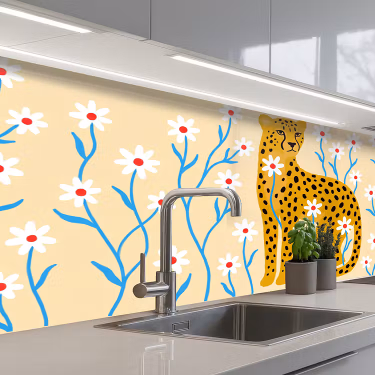 Keuken achterwand - Dieren - Jachtluipaard - Bloemen - Modern - Geel — 2
