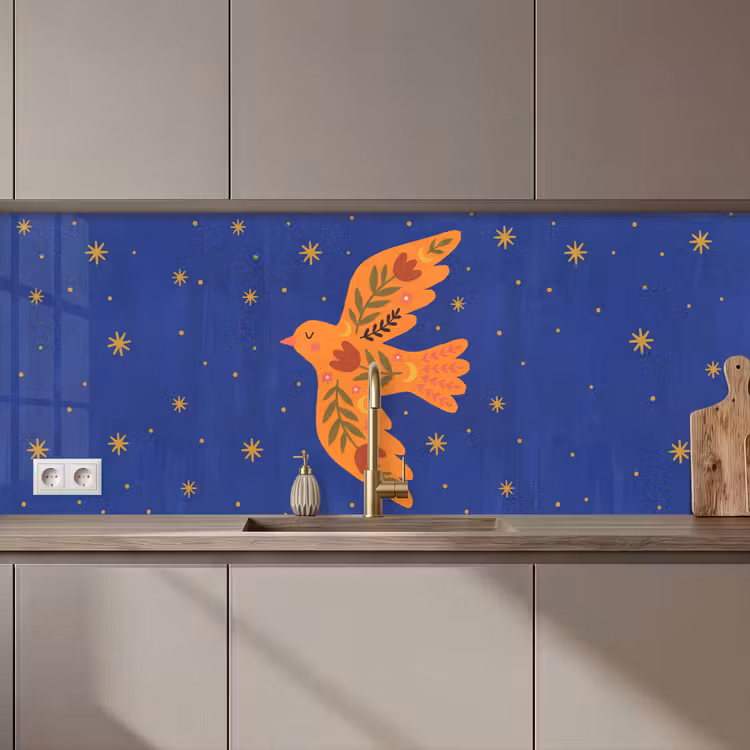 Keuken achterwand - Vogel - Bloemen - Decoratief - Oranje - Blauw — 1