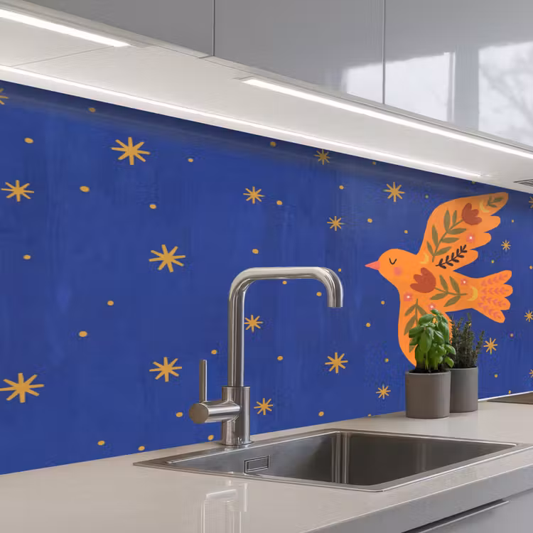 Keuken achterwand - Vogel - Bloemen - Decoratief - Oranje - Blauw — 2