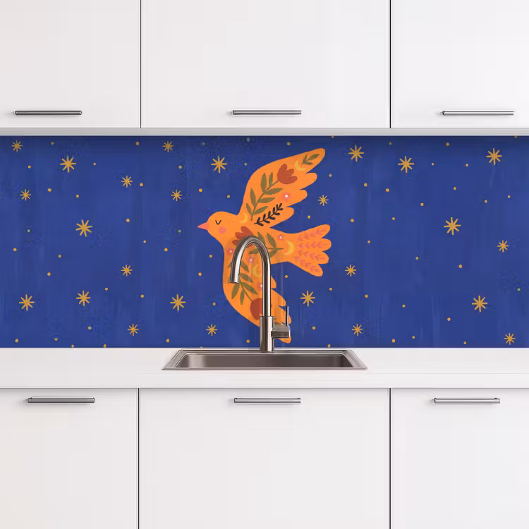 Keuken achterwand - Vogel - Bloemen - Decoratief - Oranje - Blauw — 4