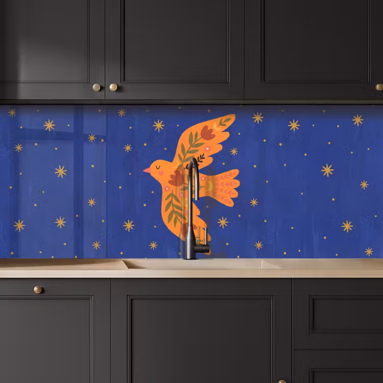 Keuken achterwand - Vogel - Bloemen - Decoratief - Oranje - Blauw — 6