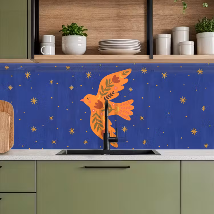 Keuken achterwand - Vogel - Bloemen - Decoratief - Oranje - Blauw — 8