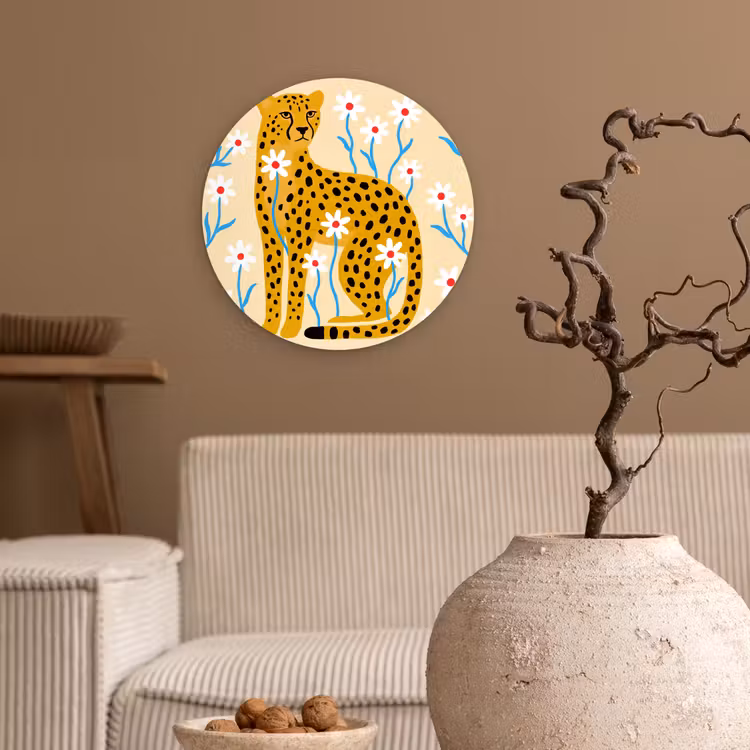 Muurcirkel - Dieren - Jachtluipaard - Bloemen - Modern - Geel — 2
