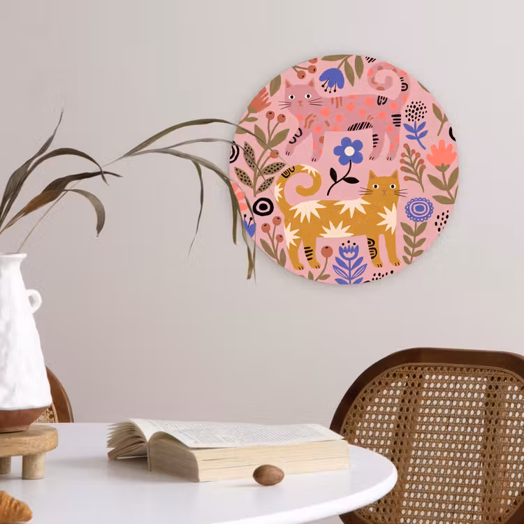 Muurcirkel - Kat - Bloemen - Dieren - Modern - Roze — 4