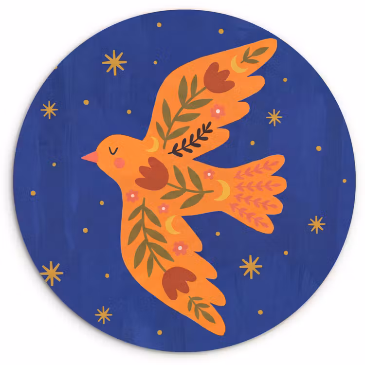 Muurcirkel - Vogel - Bloemen - Decoratief - Oranje - Blauw — 1
