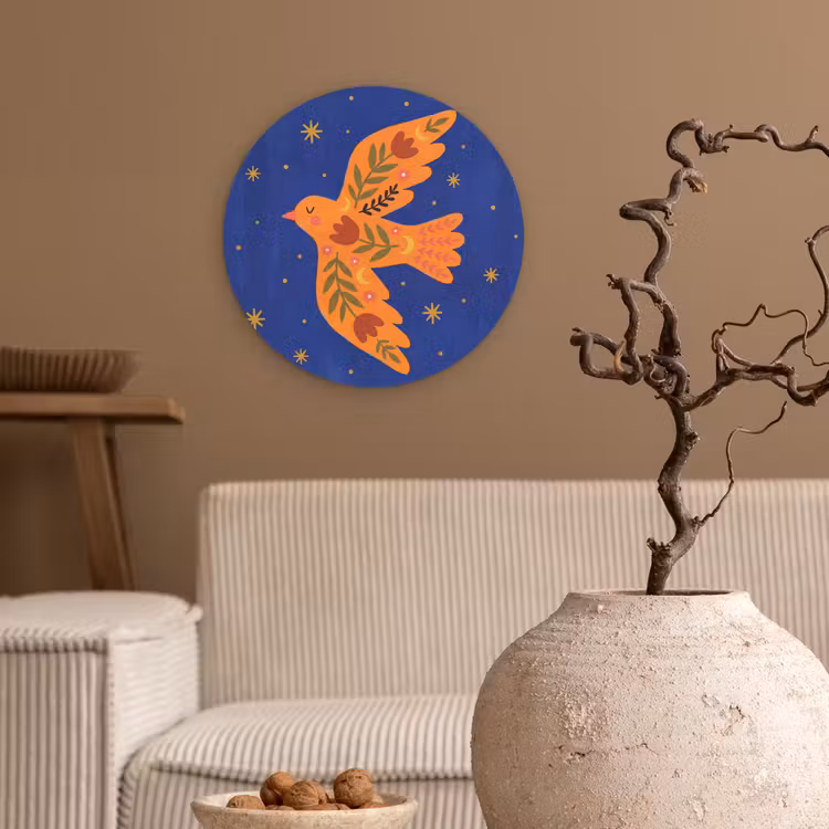 Muurcirkel - Vogel - Bloemen - Decoratief - Oranje - Blauw — 2