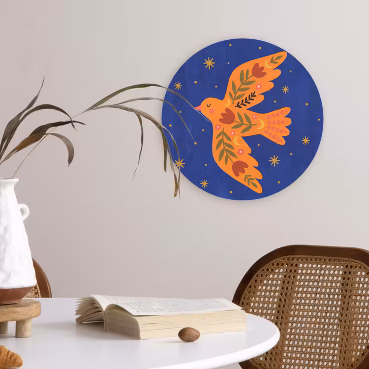 Muurcirkel - Vogel - Bloemen - Decoratief - Oranje - Blauw — 4