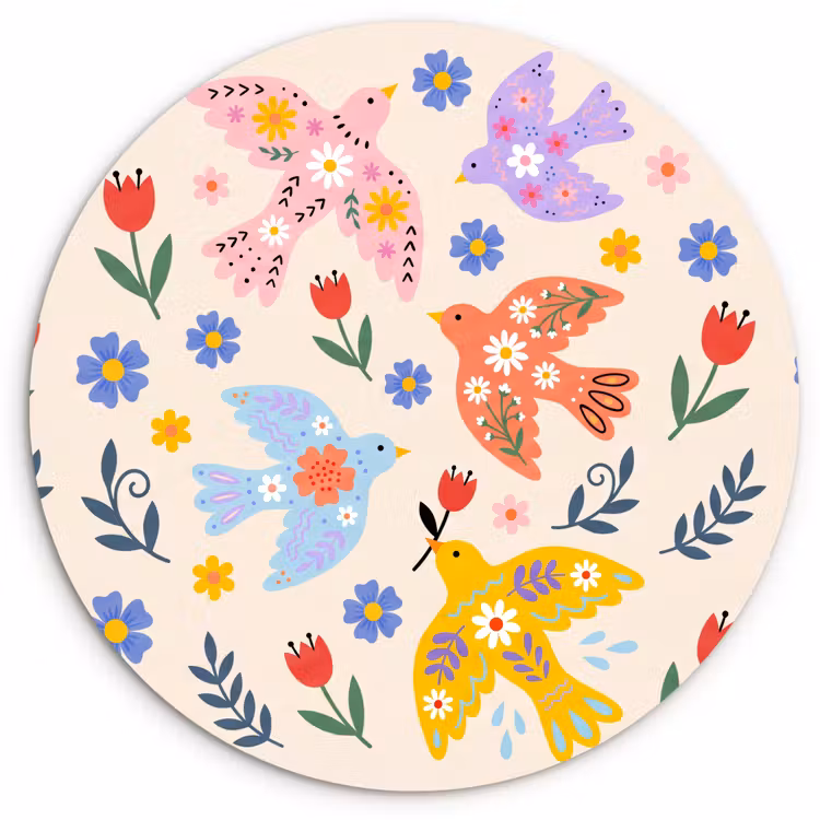 Muurcirkel - Vogel - Bloemen - Folk - Kleurrijk - Dieren — 1