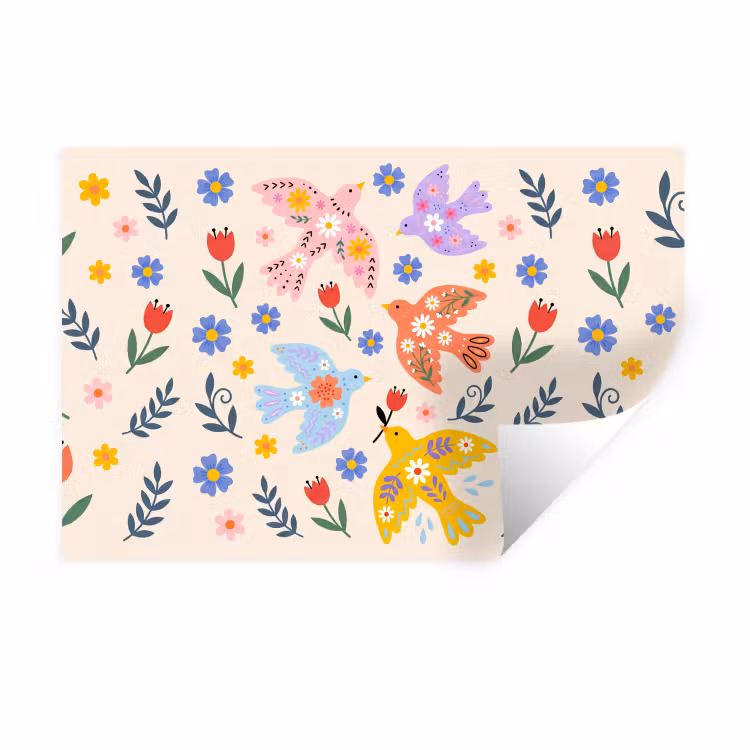 Muursticker - Vogel - Bloemen - Folk - Kleurrijk - Dieren — 1