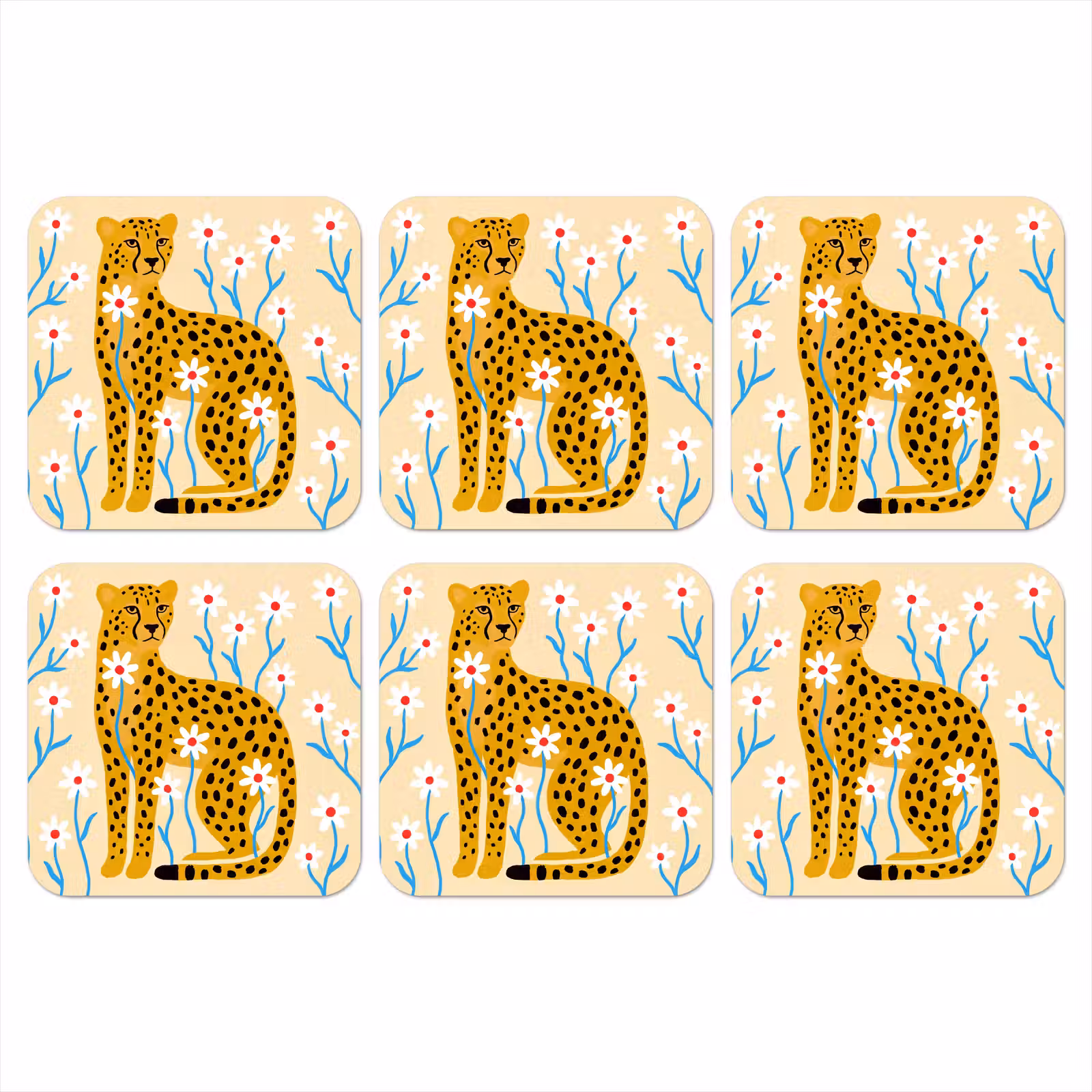 Onderzetter - Dieren - Jachtluipaard - Bloemen - Modern - Geel — 1