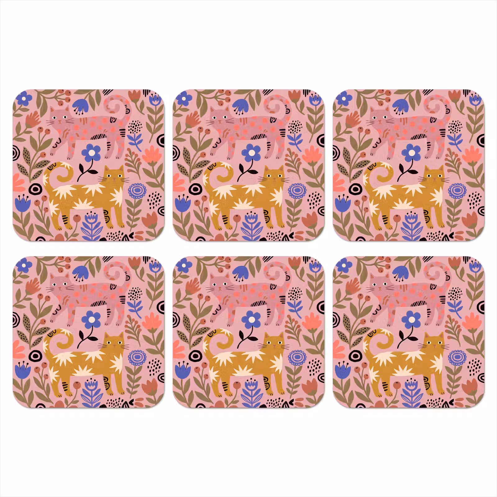 Onderzetter - Kat - Bloemen - Dieren - Modern - Roze — 1