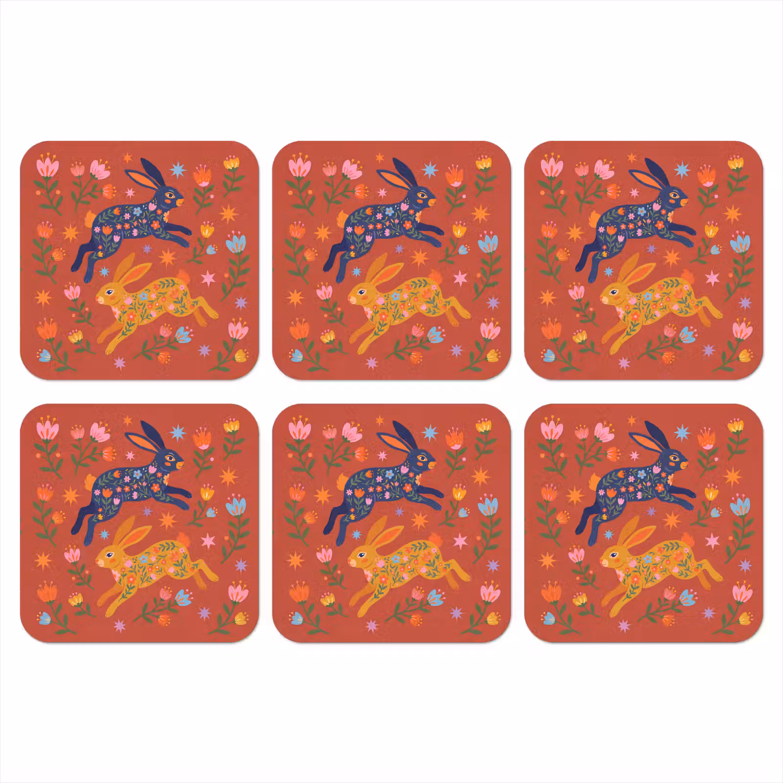 Onderzetter - Konijn - Bloemen - Folk Art - Kleurrijk - Dieren — 1