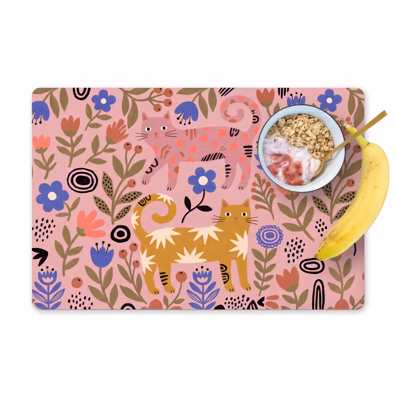 Placemat - 6 stuks - Kat - Bloemen - Dieren - Modern - Roze — 1