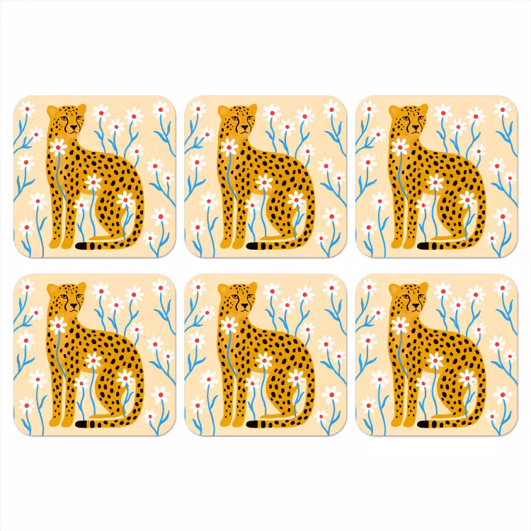 Onderzetter - Dieren - Jachtluipaard - Bloemen - Modern - Geel — 1