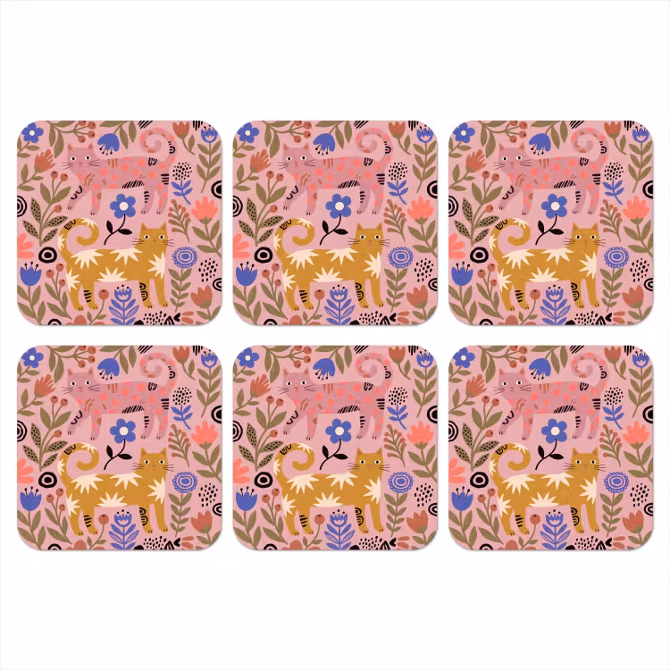 Onderzetter - Kat - Bloemen - Dieren - Modern - Roze — 1