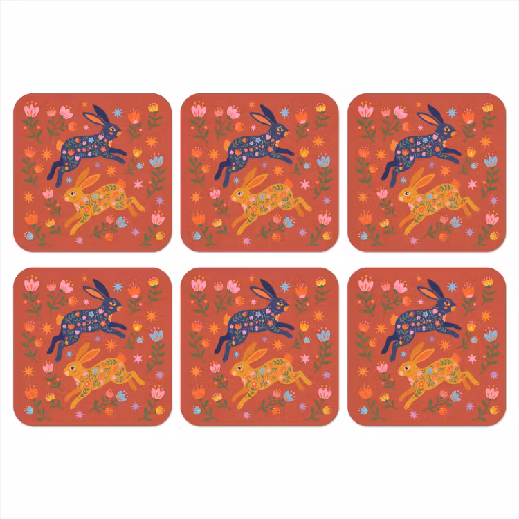 Onderzetter - Konijn - Bloemen - Folk Art - Kleurrijk - Dieren — 1